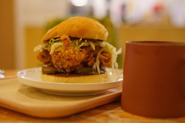 istock Brown mug Matcha Latte and Chicken sandwich 1466620332