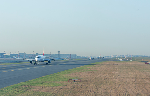 airline airplanes at new international airport waiting for take off in istanbul turkey