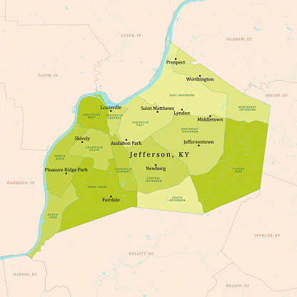 KY Jefferson County Vector Map Green. All source data is in the public domain. U.S. Census Bureau Census Tiger. Used Layers: areawater, linearwater, cousub, pointlm.