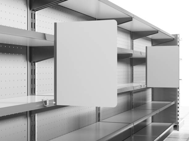 istock Set Of empty shelves with blank shelf-stoppers 1466623566