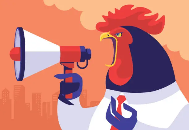 Vector illustration of businessman rooster holding megaphone and shouting