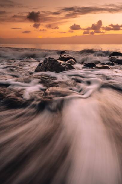 istock Long exposure of sea waves during sunset 1466624210