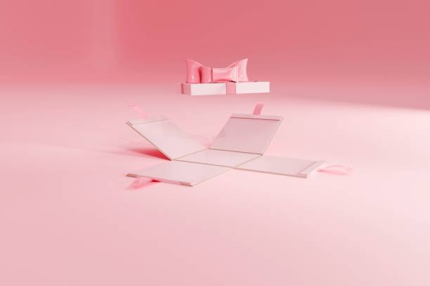 istock 3d Unwrapped a pink opened gift box with bow ribbon hovering above. Product placement template 1466624719