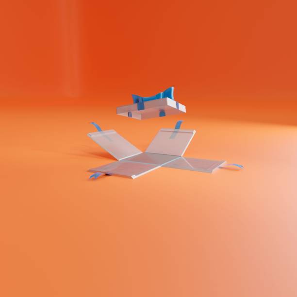 istock 3d White gift box with a blue ribbon and bow on orange studio for advertising template 1466624733