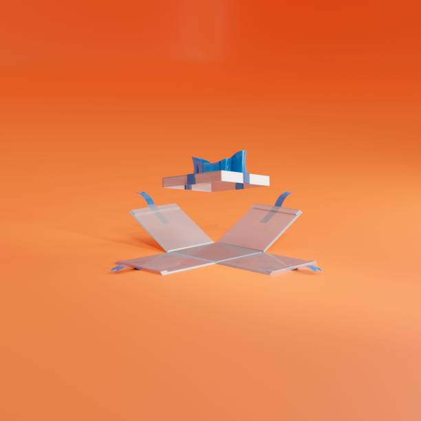 istock 3d render of a White gift box with a blue ribbon and bow on orange studio for advertising template 1466624734