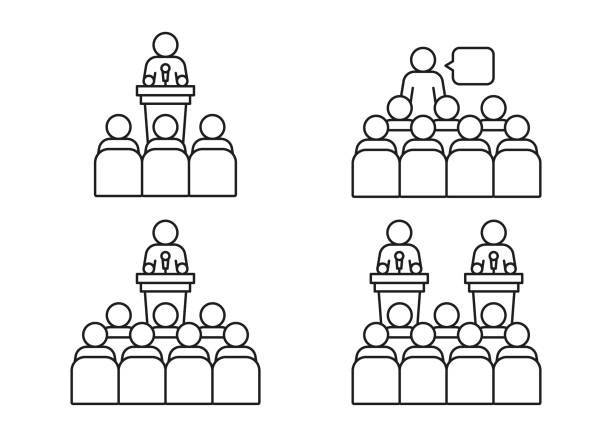 illustrazioni stock, clip art, cartoni animati e icone di tendenza di lector man discorso dietro il podio sulla conferenza con spettatore pubblico, icona di linea. relatore sulla tribuna da leader, uomo d'affari, insegnante che parla davanti alle persone spettatori indietro. vettore - spectator