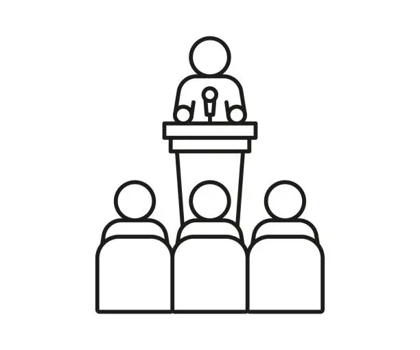 Vector illustration of Lector man speech behind podium on conference with audience spectator, line icon. Speaker on tribune by leader, businessman, teacher talking before of people spectators back. Vector
