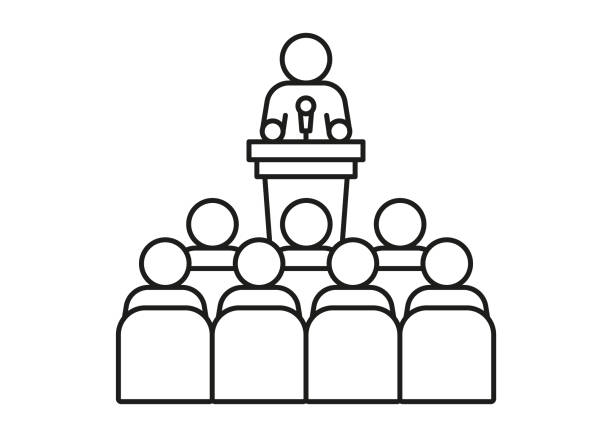 Lector man speech behind podium on conference with audience spectator, line icon. Speaker on tribune by leader, businessman, teacher talking before of people spectators back. Vector Lector man speech behind podium on conference with audience spectator, line icon. Speaker on tribune by leader, businessman, teacher talking before of people spectators back. Vector outline crowded-lecture-hall stock illustrations