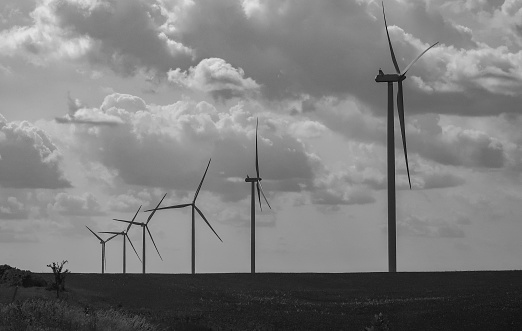 A grayscale shot of the wind turbines against the background of the sky.