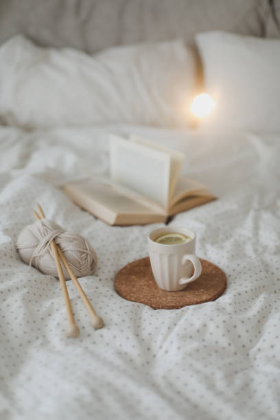 istock Cozy winter background with a book, tea cup and knitting needles in warm soft bed top view. Sweet home. 1466628663