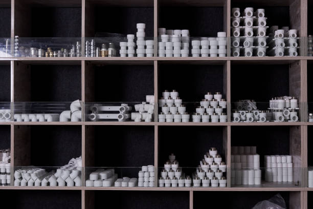 istock Fittings for connecting polypropylene pipe on shelves at store 1466628989