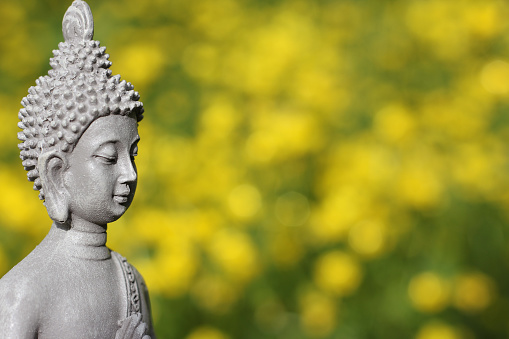 A buddha statue with blurred yellow flowers in the background