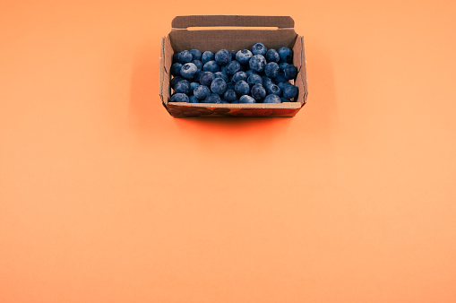 View of fresh blueberry inside a paper box isolated on orange background with text space