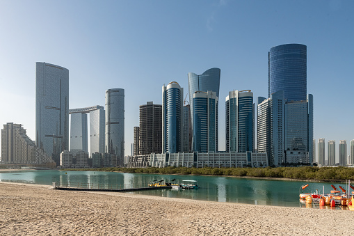 View of Abu Dhabi skyline as seen from Reem Central Park on Reem Island
