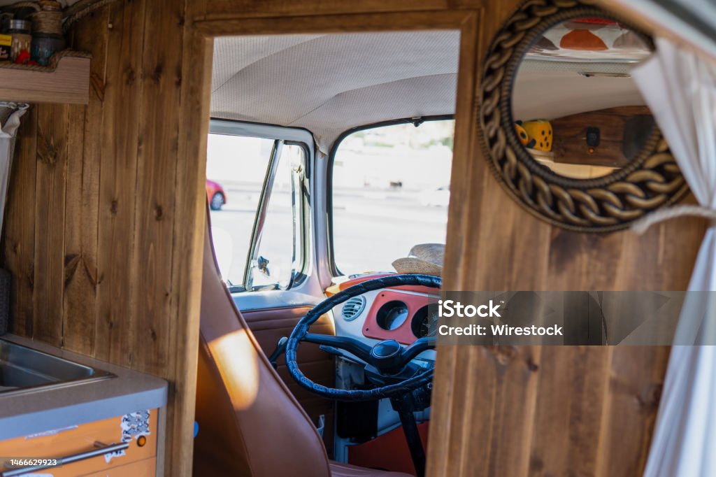 Interior details of vintage van in daylight Back view of the Interior details of vintage van in daylight Abandoned Stock Photo
