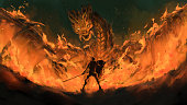 istock warrior standing confront dragon in the flames,tale monster,creatures of myth and Legend ,digital art, Illustration painting 1466630711