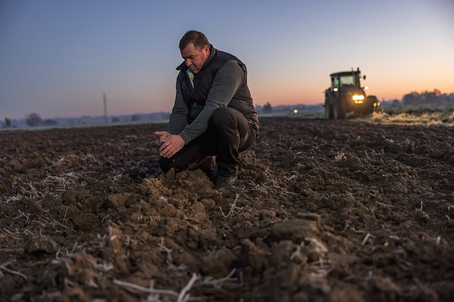 Man with short brown hair checking his agricultural field in the evening,kneeling down on the ground,green tractor with lights on in the background