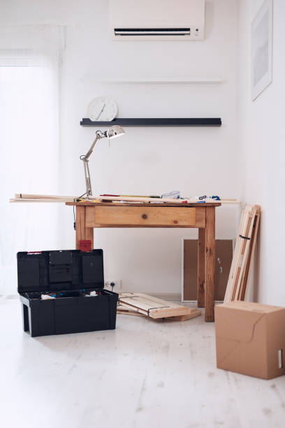istock Rustic wooden table and shelves in a modern apartment. 1466632581