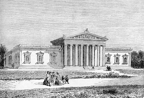 Antique engraving of the Munich Glyptothek, museum commissioned in neoclassical style by the Bavarian King Ludwig I to house his collection of Greek and Roman sculptures, built from 1816 to 1830