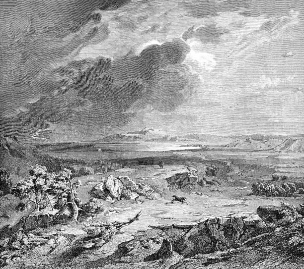 Greece, the plain of Marathon, site of historical battle where the outnumbered Athenian defeated the Persian army, old print Greece, the plain of Marathon, site of historical battle where the outnumbered Athenian defeated the Persian army, old print monoprint stock illustrations
