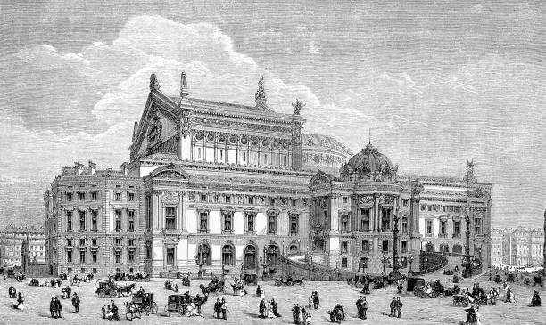 ilustrações, clipart, desenhos animados e ícones de safra de gravura, palais garnier, opulenta opera house, em paris, vista lateral - opera garnier
