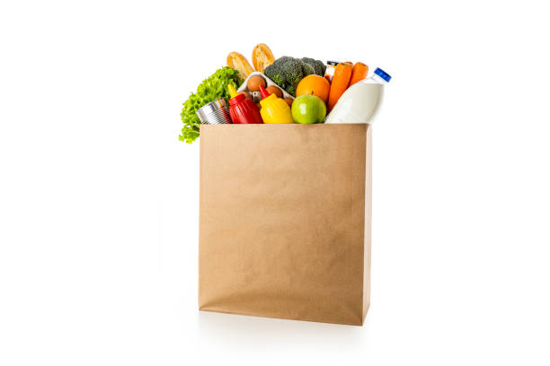 白い背景に買い物袋 - paper bag groceries food vegetable ストックフォトと画像