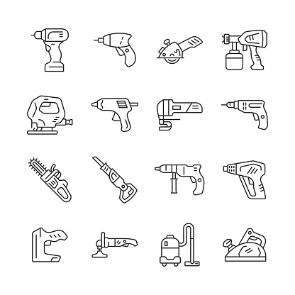 Power tools line icon set. Vector collection electric instrument with drill, jigsaw, stapler, planer, screwdriver, saw. Editable stroke.
