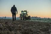 Male farmer with short brown hair,walking in the direction to his tractor,standing next to his agricultural field in the evening with lights turned on,