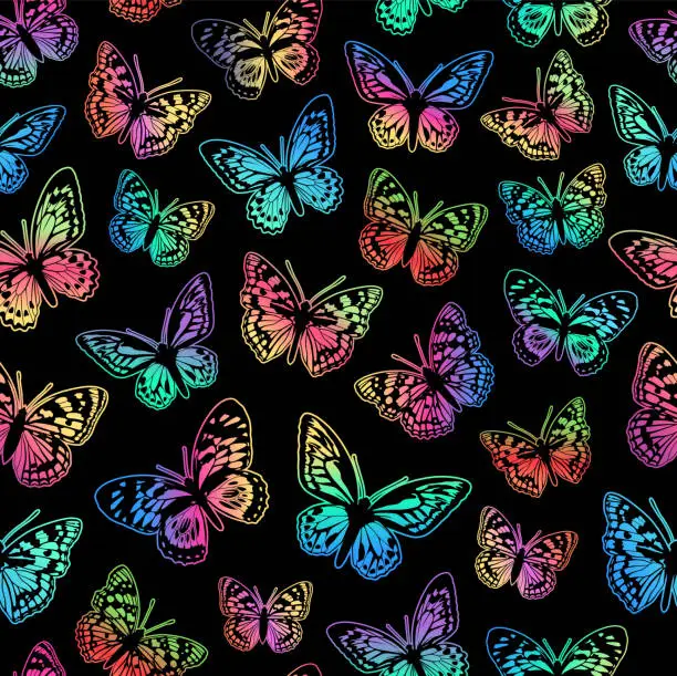 Vector illustration of Pattern with butterflies. Multicolored butterflies on a black background.