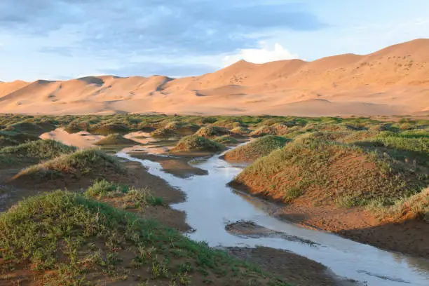 Scenic view of water running after storm in Khongoryn Els Gobi Desert, Gobi Gurvansaikhan National Park, Mongolia.