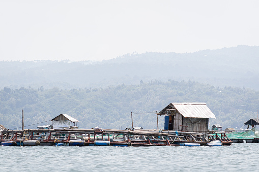 Landscape wonderful photograph of fishing boats and shack along waterfront of Taal Lake in the Batangas, Manila, Philippines