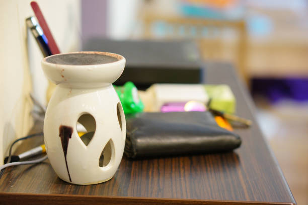 An aroma lamp on the table; background with copy space