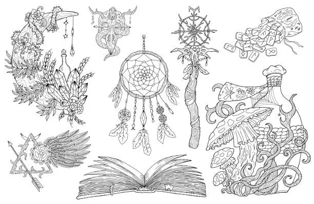 Vector illustration of Engraved line art vector graphic collection with mystic, esoteric and occult symbols isolated on white