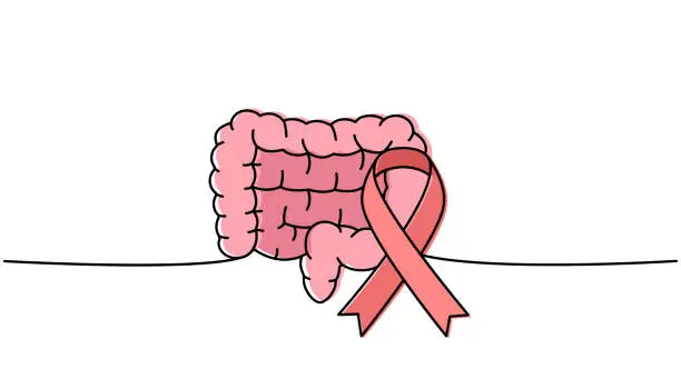 Vector illustration of Human intestines with ribbon one line colored continuous drawing. Cancer awareness ribbon, AIDS tape continuous one line colorful illustration.