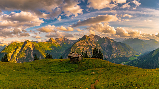 Landscape over the Ammergau Alps in sunset from the Tegelberg summit near Schwangau