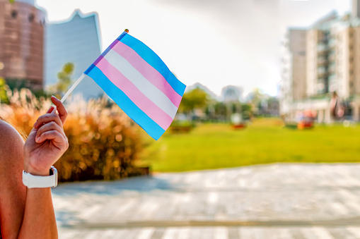 A woman carrying the transgender flag