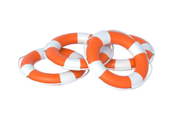 istock Scattering lifebuoys isolated on white background. 3d render 1466647719