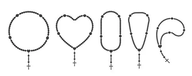 Vector illustration of Rosary beads silhouettes set. Prayer heart shaped jewelry for meditation. Catholic chaplet with a cross. Religion symbol. Vector illustration.