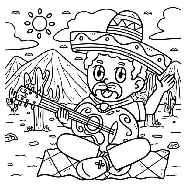 Vector illustration of Cinco de Mayo Man Playing Guitar Coloring Page