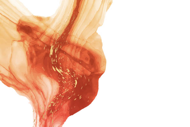 istock Watercolor background with abstract orange ink waves and golden splashes. 1466652161