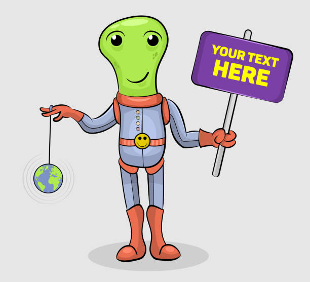 istock Funny cartoon alien invader holds signboard while playing with a toy earth. Design for print, toy shop, emblem, t-shirt, party decoration, sticker, logotype. 1466653852