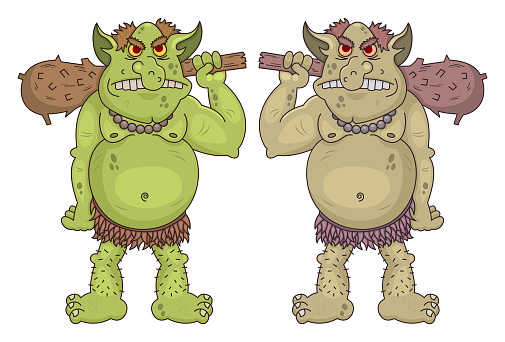 Giant Funny cartoon ogres holds a wooden clubs. Cute fantasy mythical characters. Vector cave dwellers. Design for print, emblem, t-shirt, halloween or fantasy party decoration, sticker.