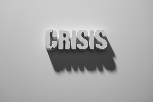 crisis writing on white background with shadow real letters that look like top view 3D graphic concrete word concept series