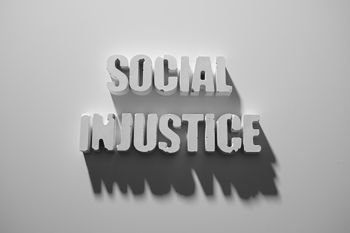 social injustice writing on white background with shadow real letters that look like top view 3D graphic concrete word concept series