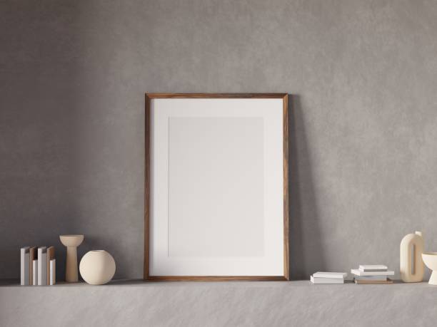 istock Empty poster wood frame mockup in living room interior with light reflection. 3d rendering, 3d illustration 1466665869