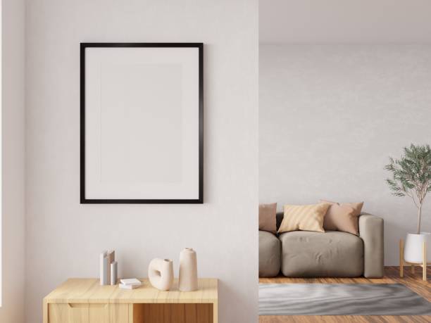 istock Vertical wood frame mockup in living room interior with window light shadow. 3d rendering, 3d illustration 1466666465