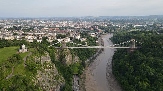 Clifton Suspension Bridge Bristol England high angle drone aerial view