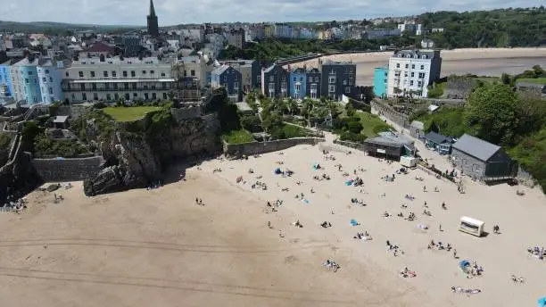 Tenby  beach North Wales UK beach harbour drone aerial view