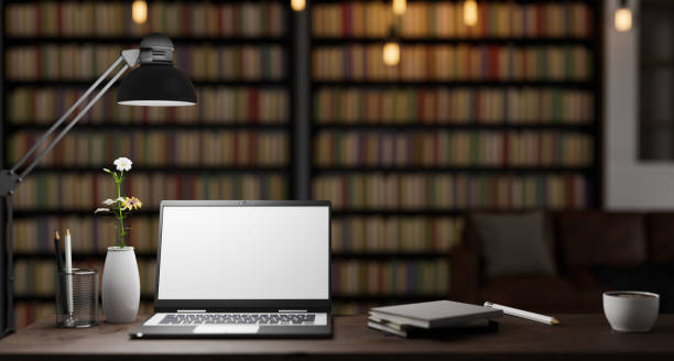 istock Laptop screen mockup design in home library 1466668876