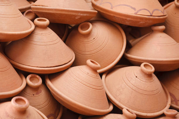 Stack of tagine ceramic cooking pots in a souk (market) in Marrakesh, Morocco